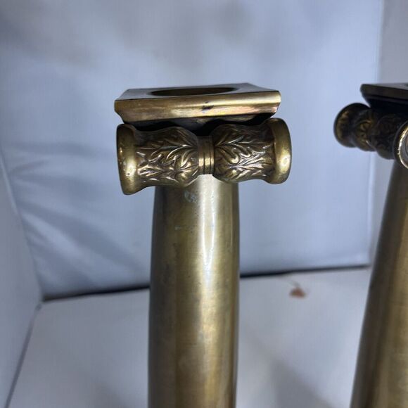 Vintage Pair of Brass Column Candlestick Holder 15” Tall MCM Very Heavy - Picture 5 of 11